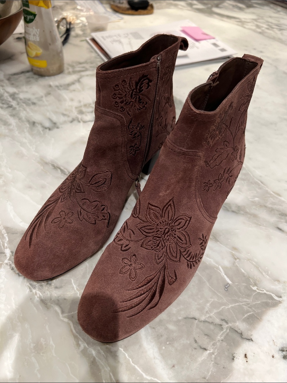 Johnny Was Embroidered Suede Ankle Boots - Burgundy